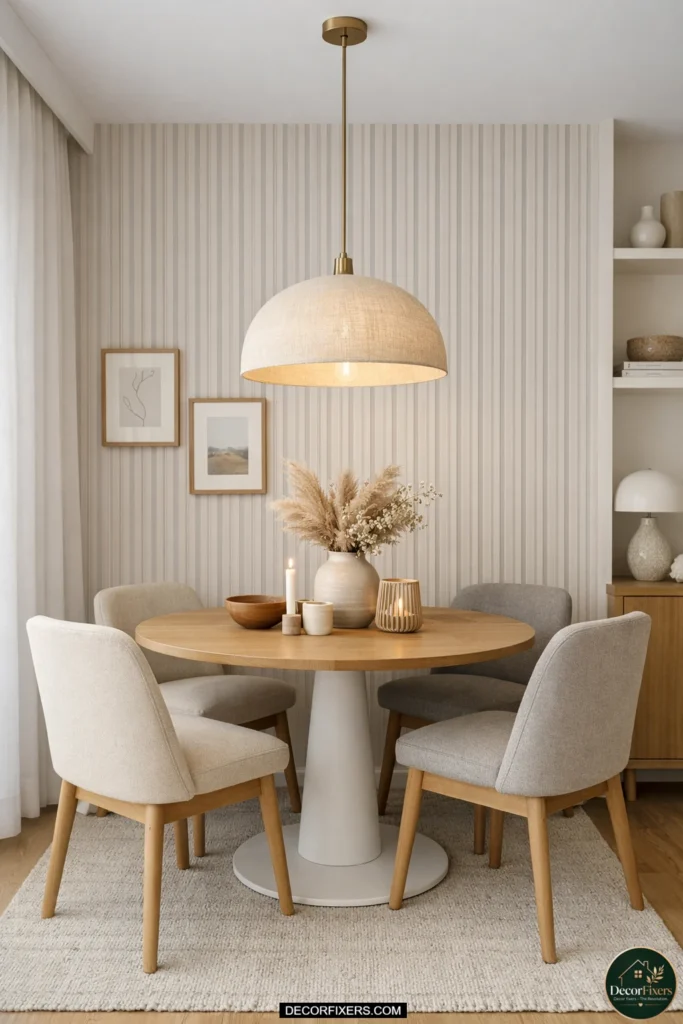 Vertical wallpaper making compact dining room appear taller