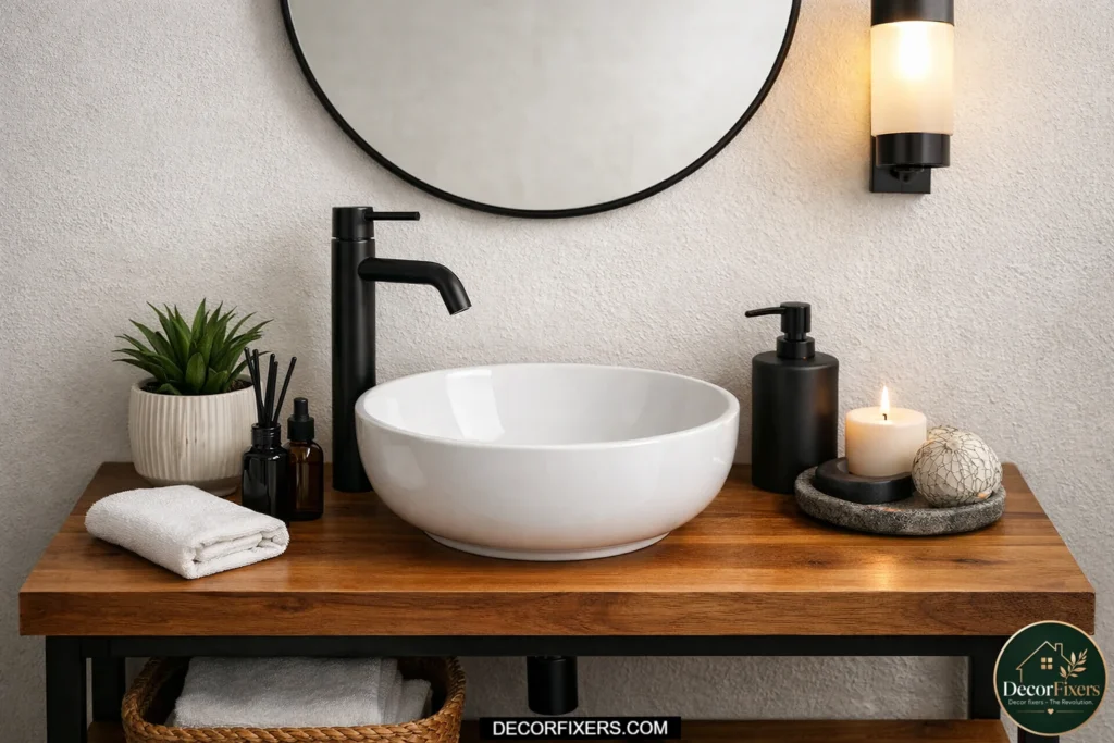 Vessel sink vanity maximizing usable counter space in a small bathroom