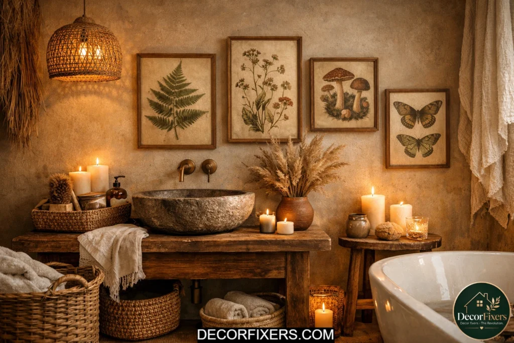 Vintage botanical artwork displayed on textured walls in a warm boho bathroom