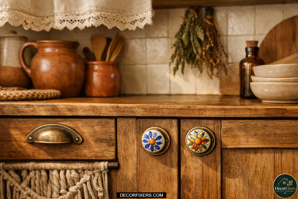 Vintage brass and ceramic cabinet hardware in a renter-friendly boho kitchen makeover