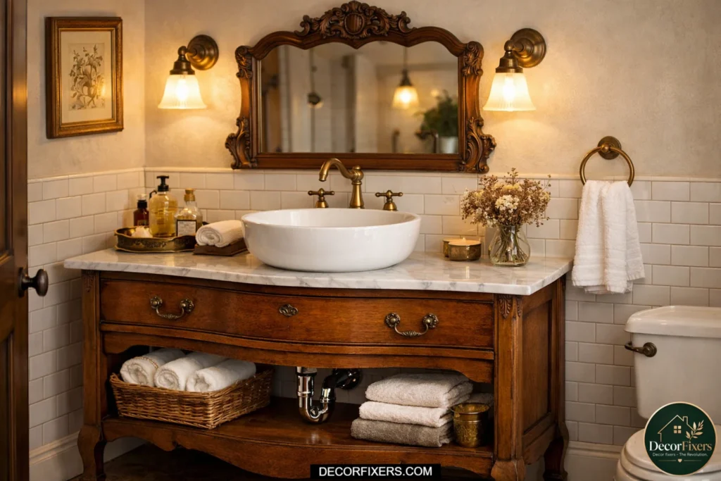 Vintage dresser transformed into a custom bathroom vanity