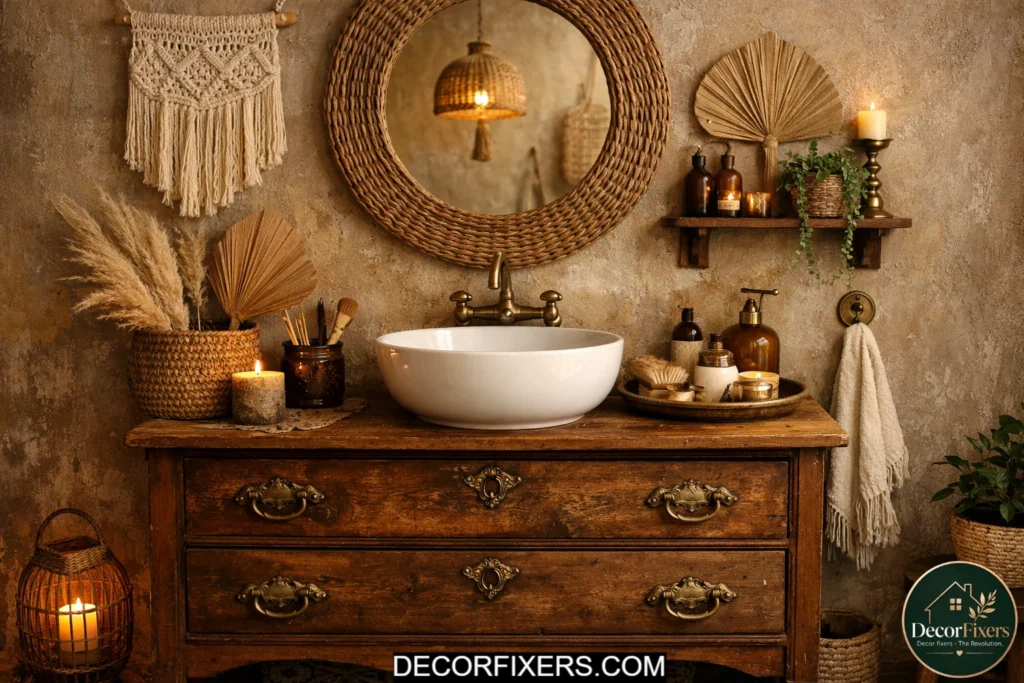 Vintage wooden dresser converted into a unique boho bathroom vanity with rustic charm