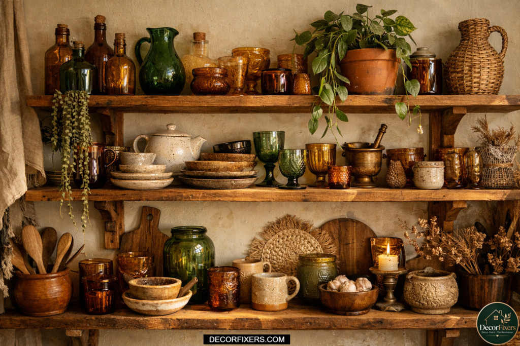 Mismatched vintage amber glassware displayed on open wooden kitchen shelving