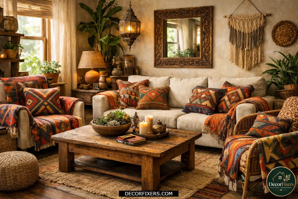 Vintage kilim textiles layered into a warm boho living room
