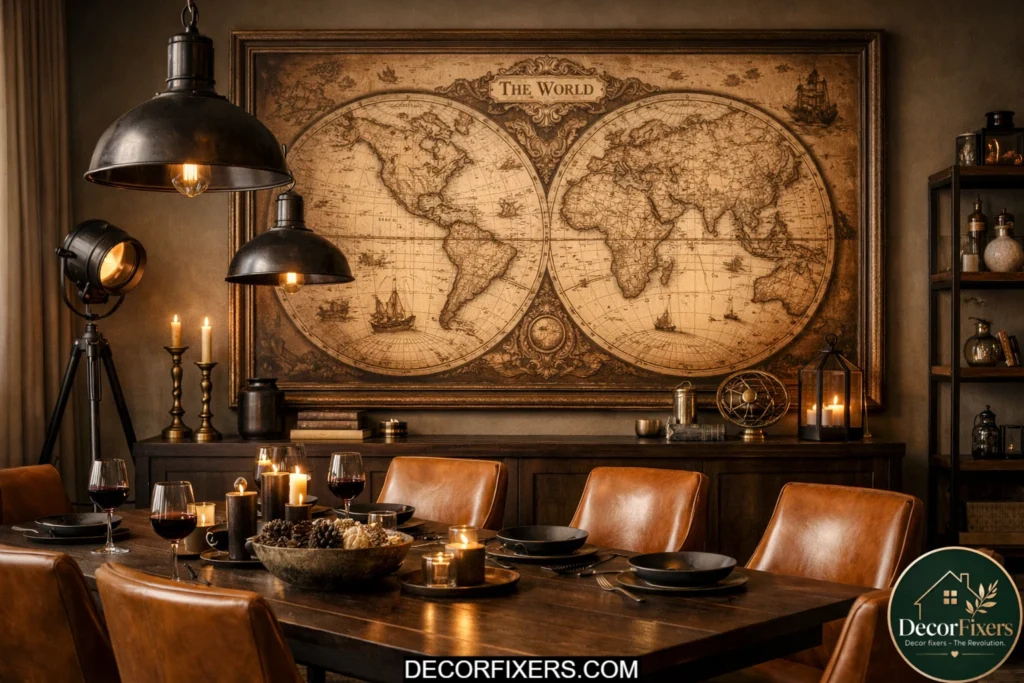 Oversized vintage world map artwork mounted in a sophisticated dining room setting