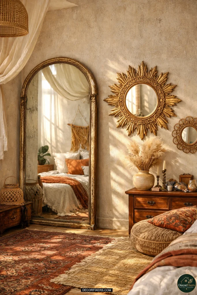 Eclectic boho bedroom featuring vintage arch mirror, gold sunburst mirror, layered rugs, warm terracotta accents, and natural light reflections.