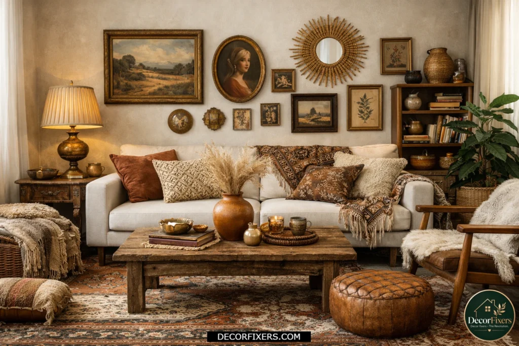 Boho living room mixing vintage finds with modern furniture