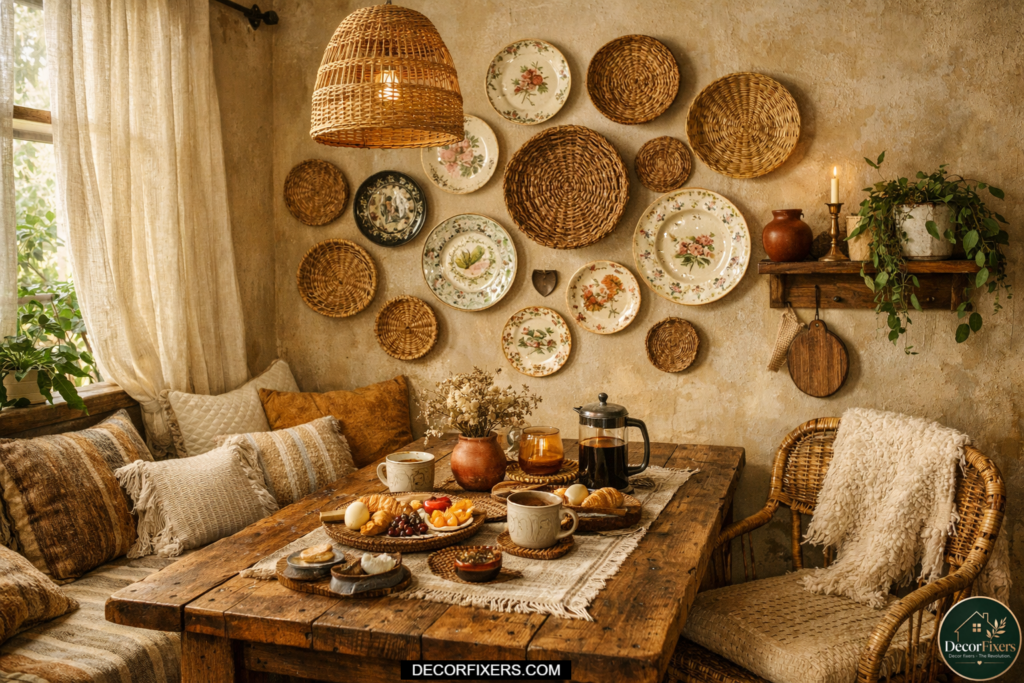 Vintage plate gallery wall and wicker basket decor inside a cozy boho dining nook