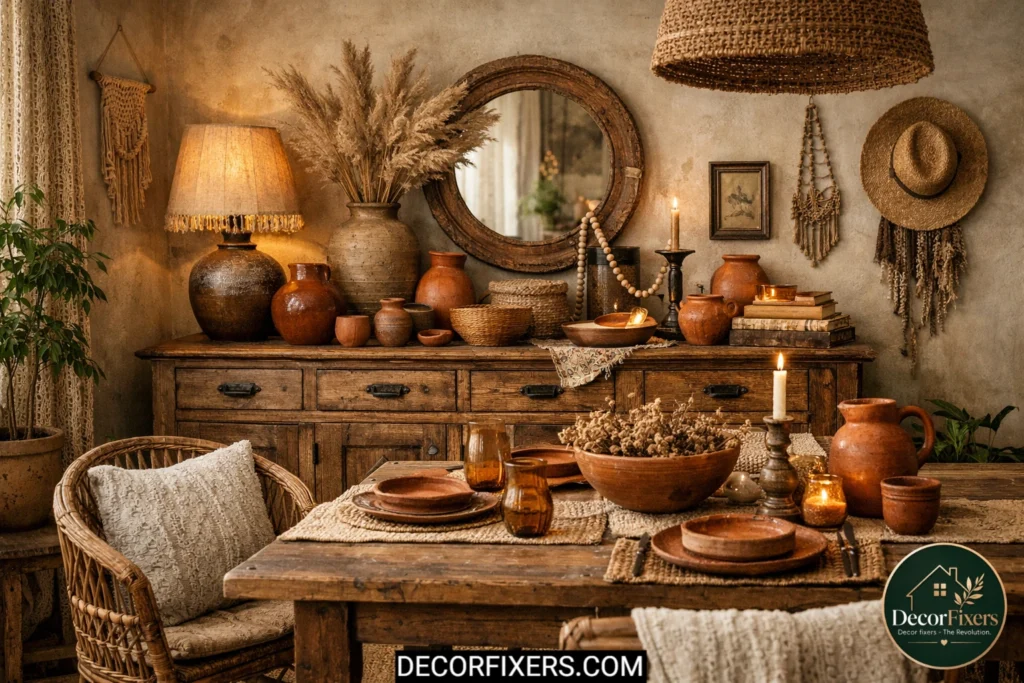 Vintage wooden sideboard in a boho dining room