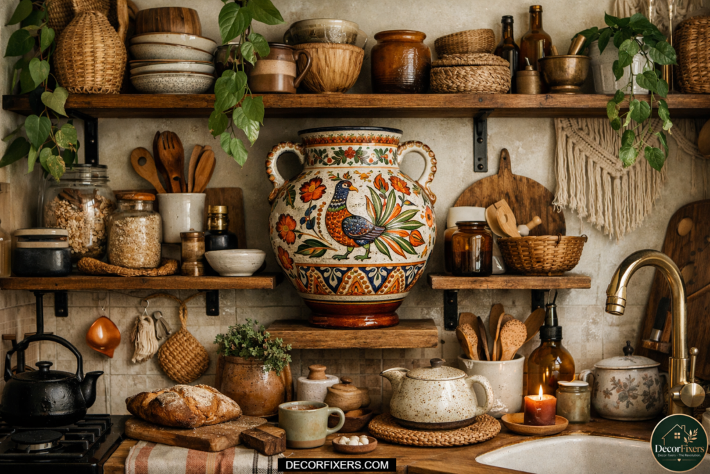 Vintage thrifted ceramic statement piece displayed in an eclectic bohemian kitchen