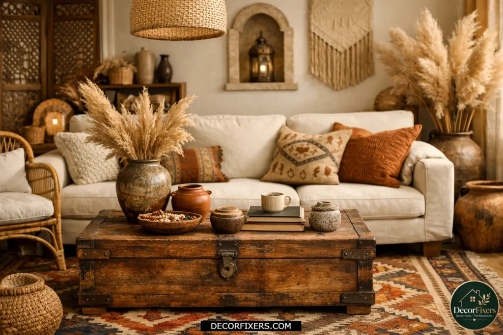 Vintage wooden trunk coffee table in a cozy boho living room
