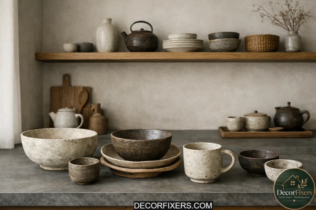 Japandi kitchen decorated with handmade wabi-sabi ceramics and warm natural finishes.