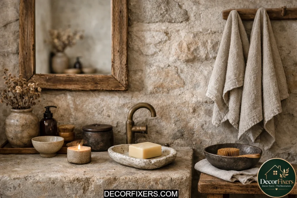 Japandi bathroom with handmade ceramic decor and imperfect natural textures