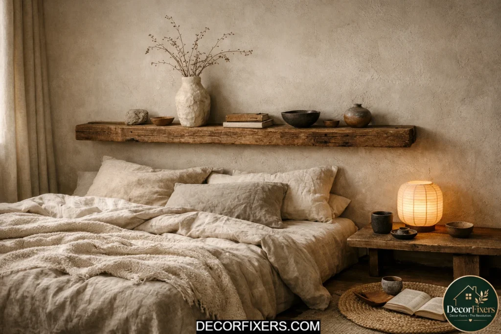 Wabi-sabi Japandi bedroom with imperfect natural materials