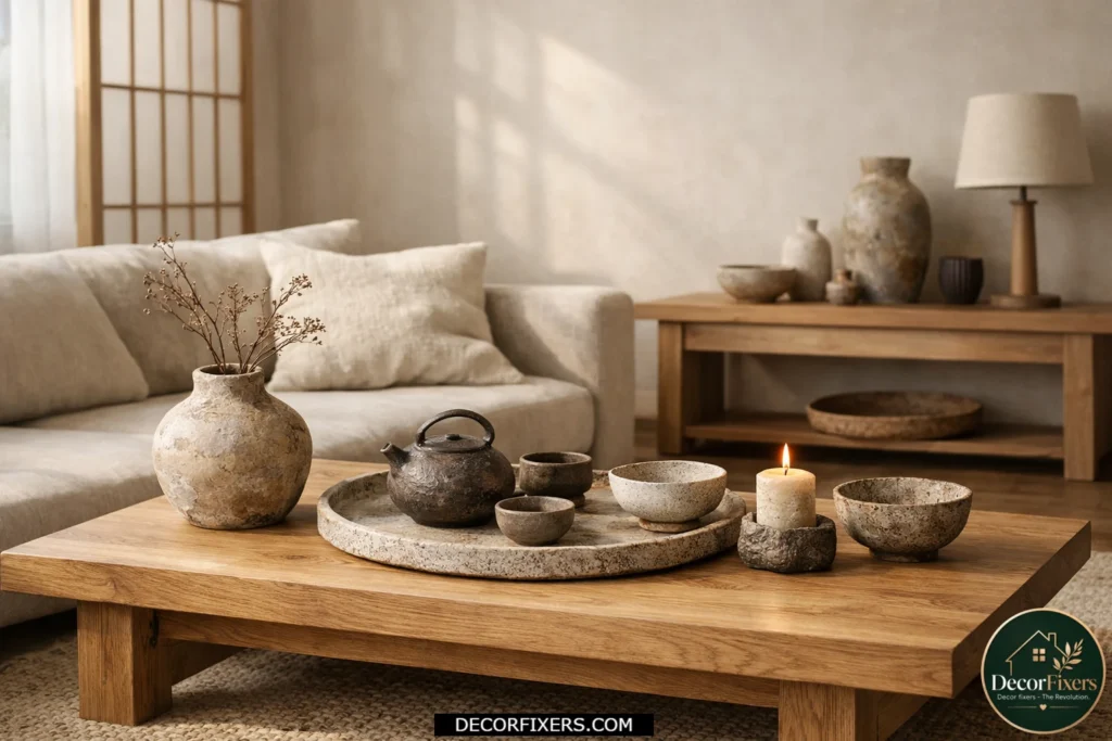 Japandi living room decorated with handmade wabi sabi ceramics