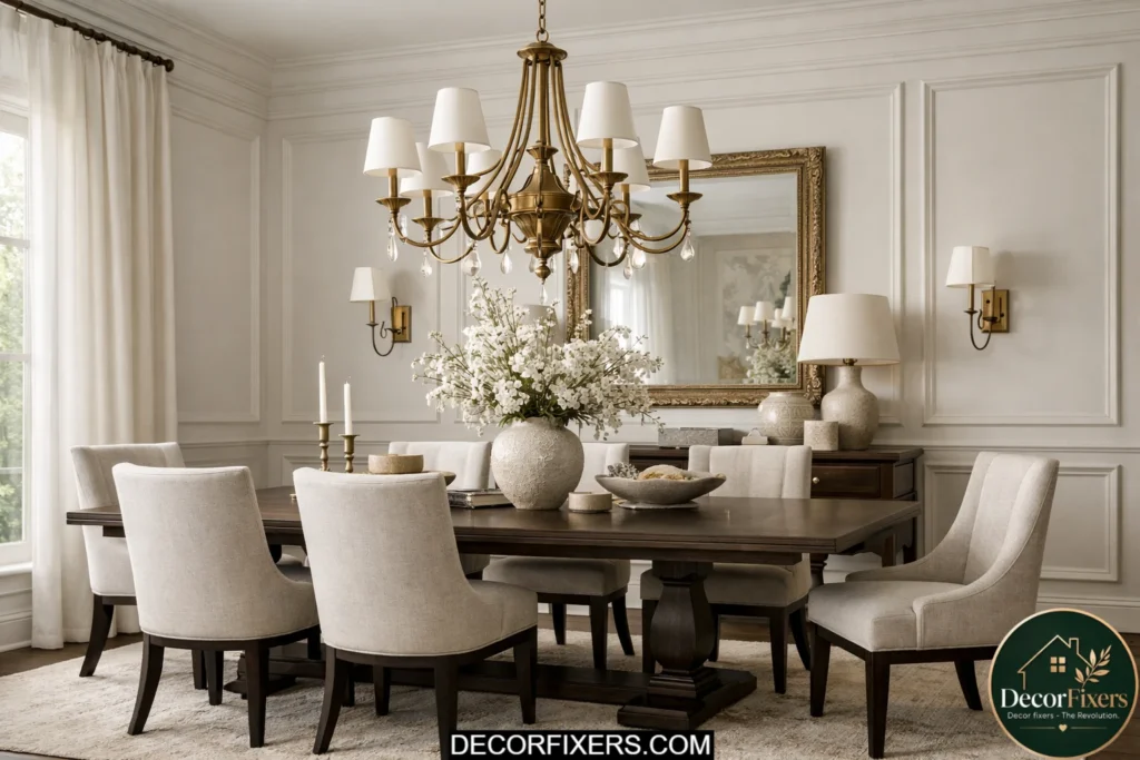 Dining room with elegant white wainscoting and architectural wall panel detailing