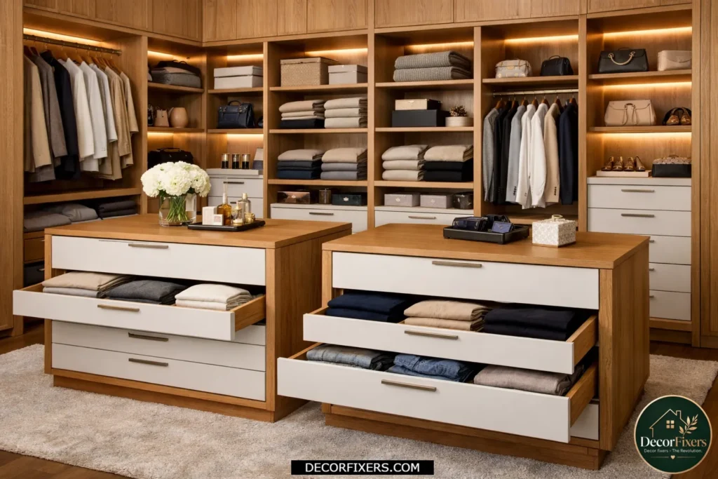 Walk-in closet with built-in drawer units for folded clothes.