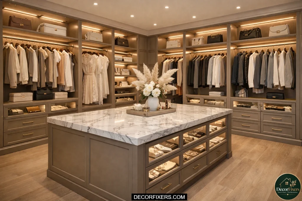 Walk-in wardrobe with central island drawer unit and luxury lighting.