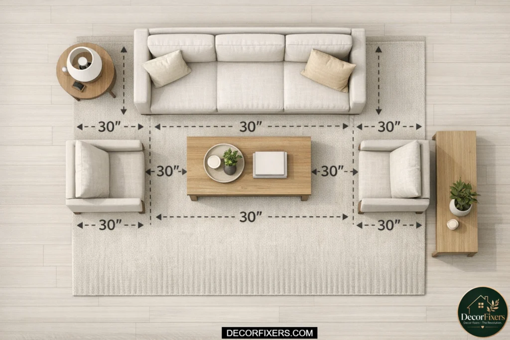 small living room layout with clear walking pathways between furniture