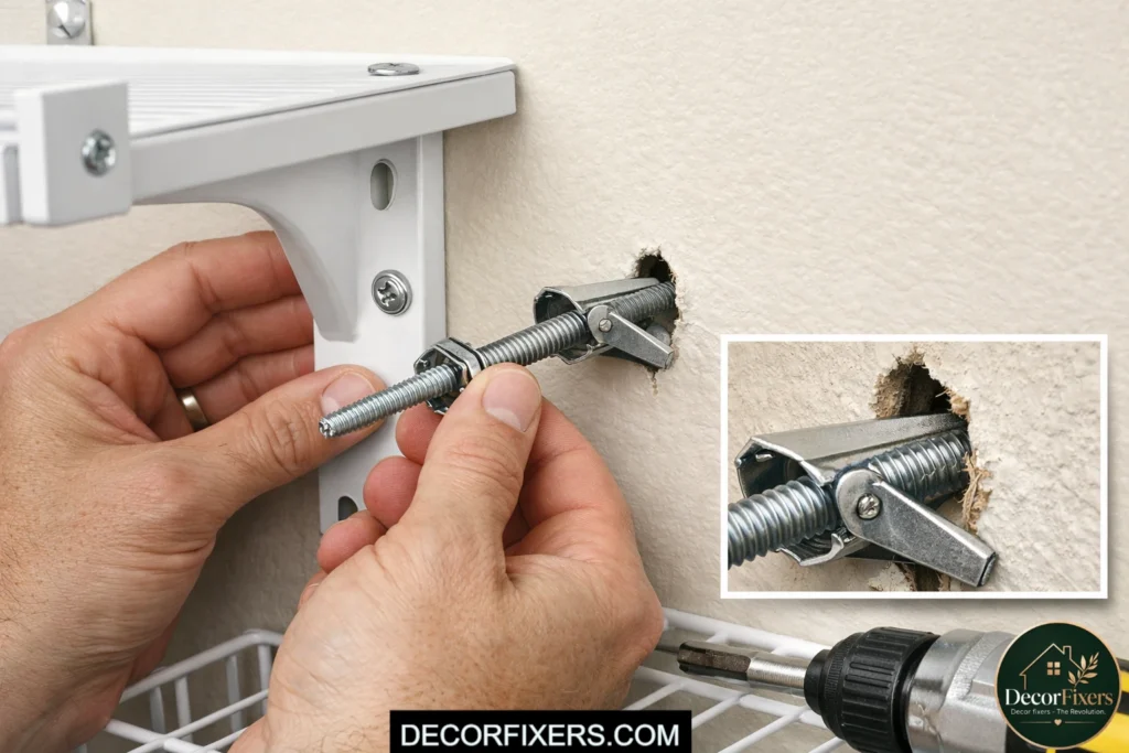 Heavy-duty wall anchors supporting DIY closet shelving without studs