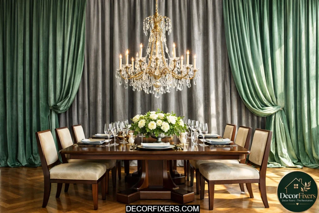 Floor-to-ceiling curtains used as wall decor in a luxurious elegant dining room interior