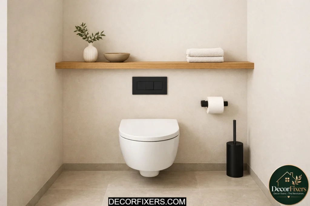 Minimal Japandi toilet area with concealed cistern and floating design