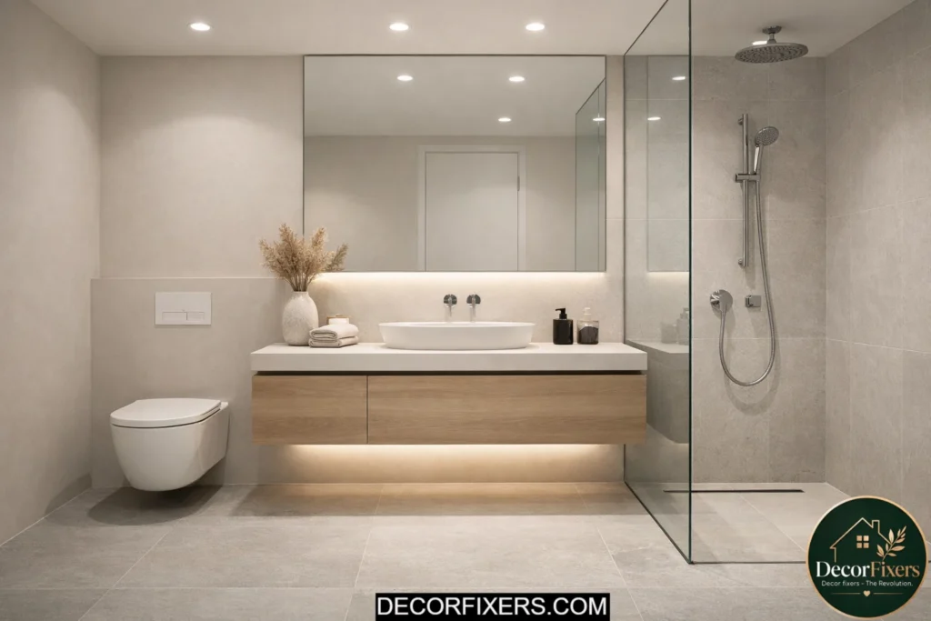 Wall-hung toilet with concealed cistern in a sleek minimalist bathroom design