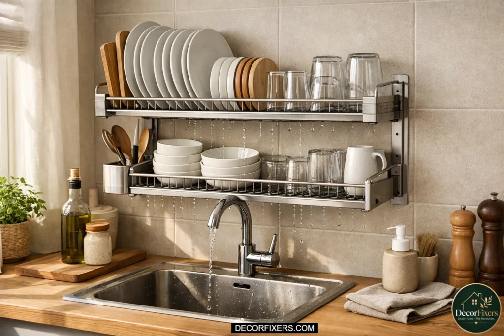 Sleek wall-mounted dish rack installed directly above kitchen sink with dishes drying neatly and water dripping below, freeing up counter space in a small apartment