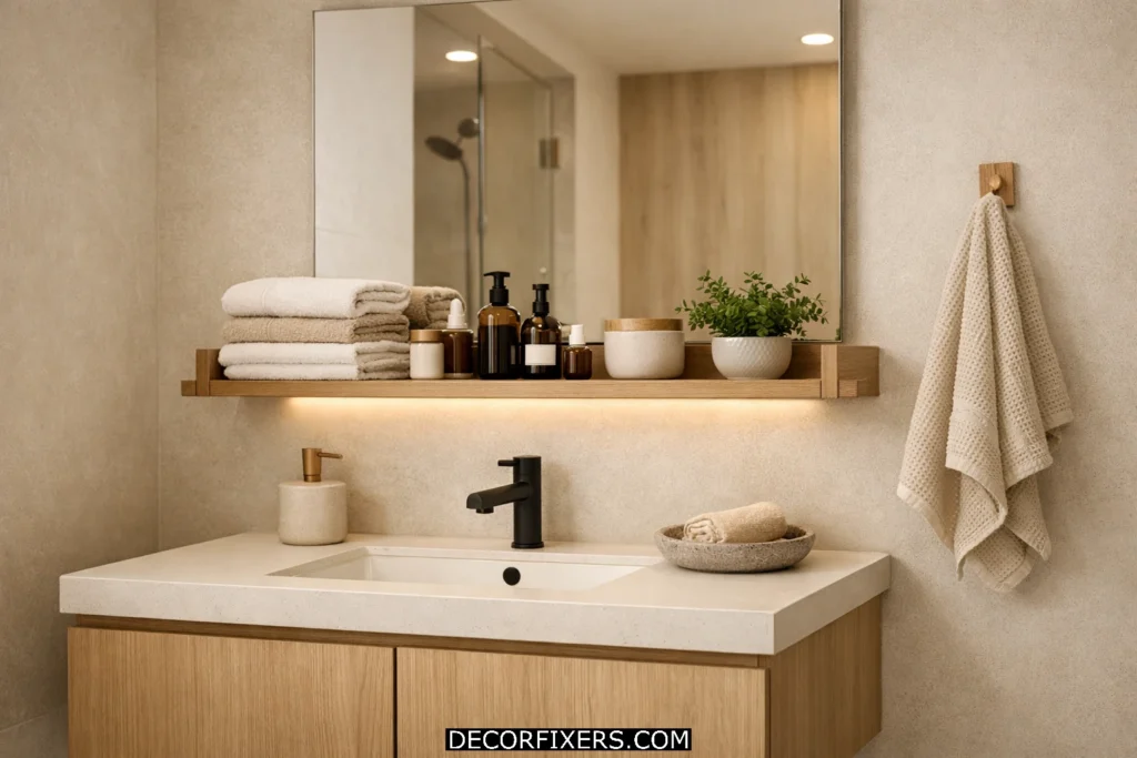 Wall-mounted floating shelf above compact bathroom sink with organized toiletries and clutter-free counter in luxury small apartment bathroom