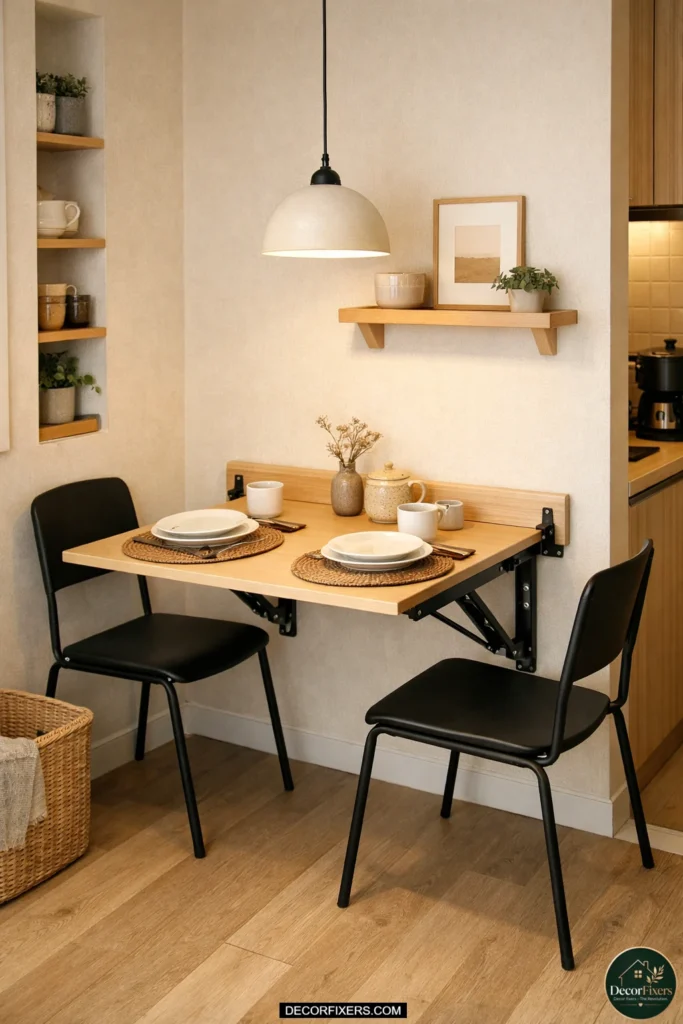 Wall-mounted fold-down dining table in tiny studio apartment