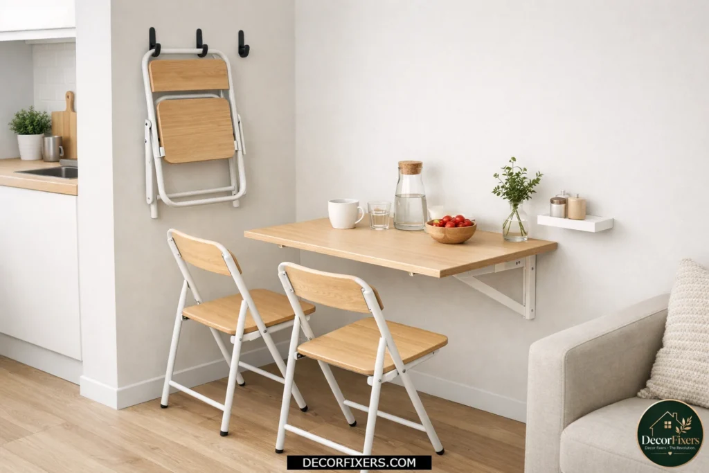 Tiny apartment dining setup featuring a fold-down wall-mounted table and folding chairs.