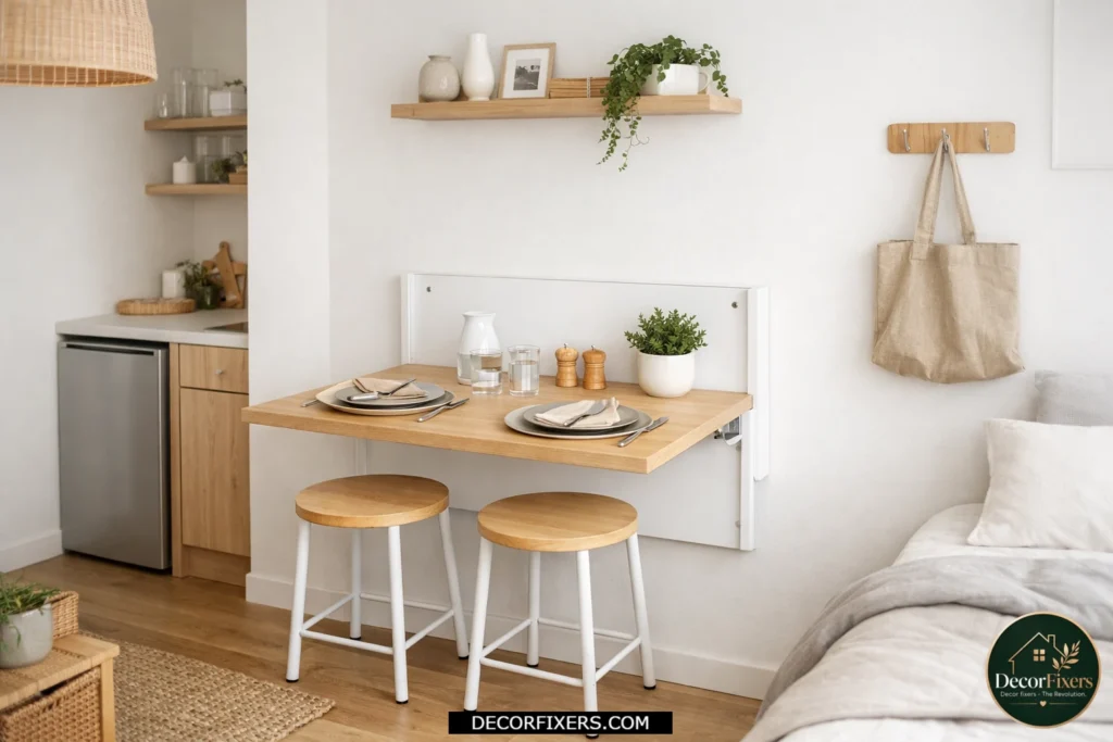 Wall-mounted fold-down dining table inside a compact studio apartment.