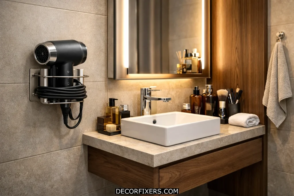 Wall-mounted stainless steel hair dryer holder keeping vanity counter clean and organized in compact bathroom