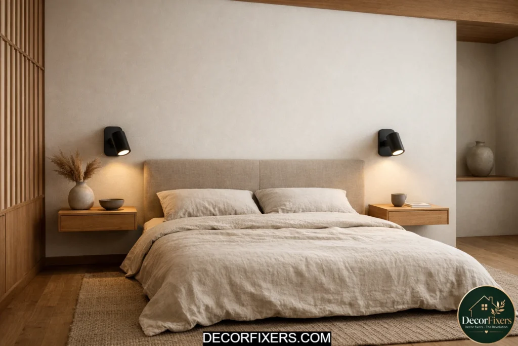 Wall-mounted reading lights in a minimalist Japandi bedroom