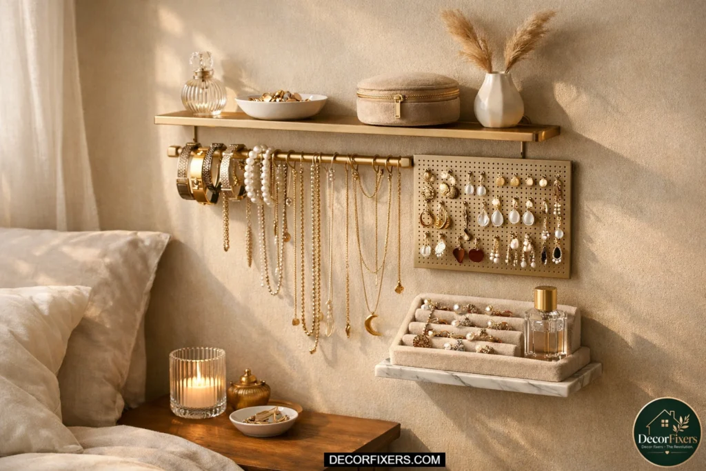 Elegant wall-mounted jewelry organizer displaying necklaces, bracelets, earrings, and rings neatly arranged in a softly lit minimalist apartment bedroom