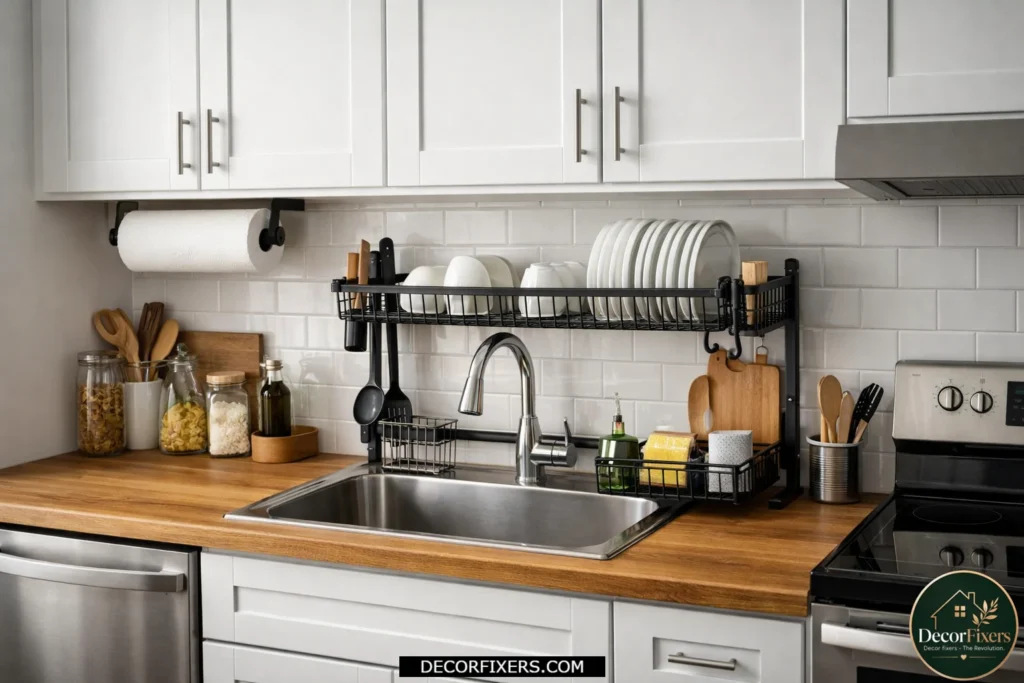 Wall-mounted paper towel holder freeing counter space in a compact kitchen.