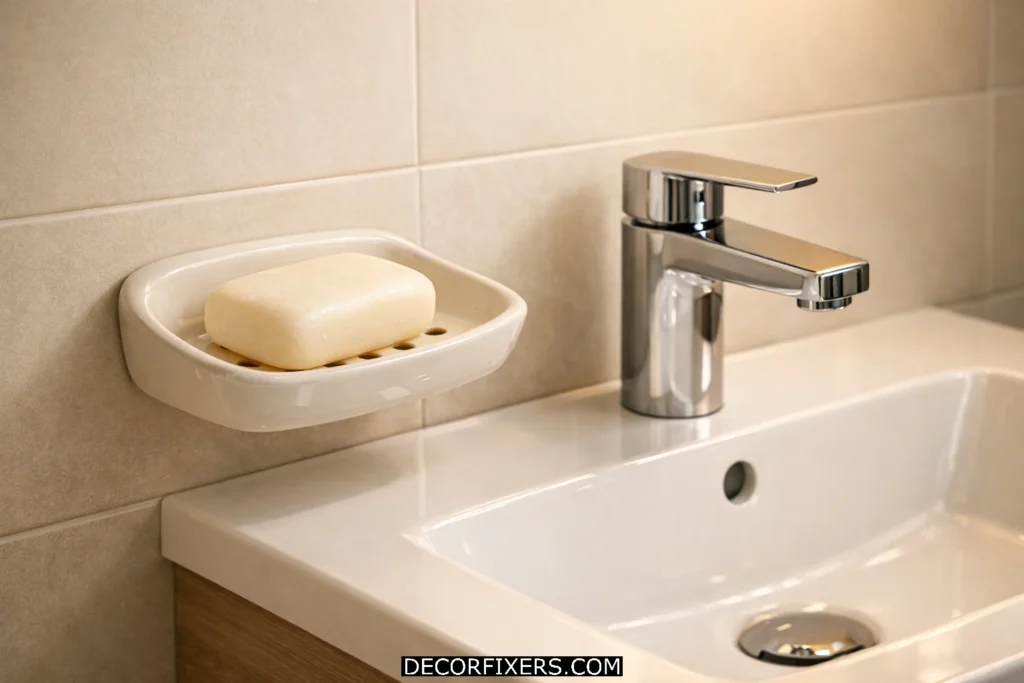 Ceramic wall-mounted soap dish beside modern sink faucet in organized minimalist bathroom