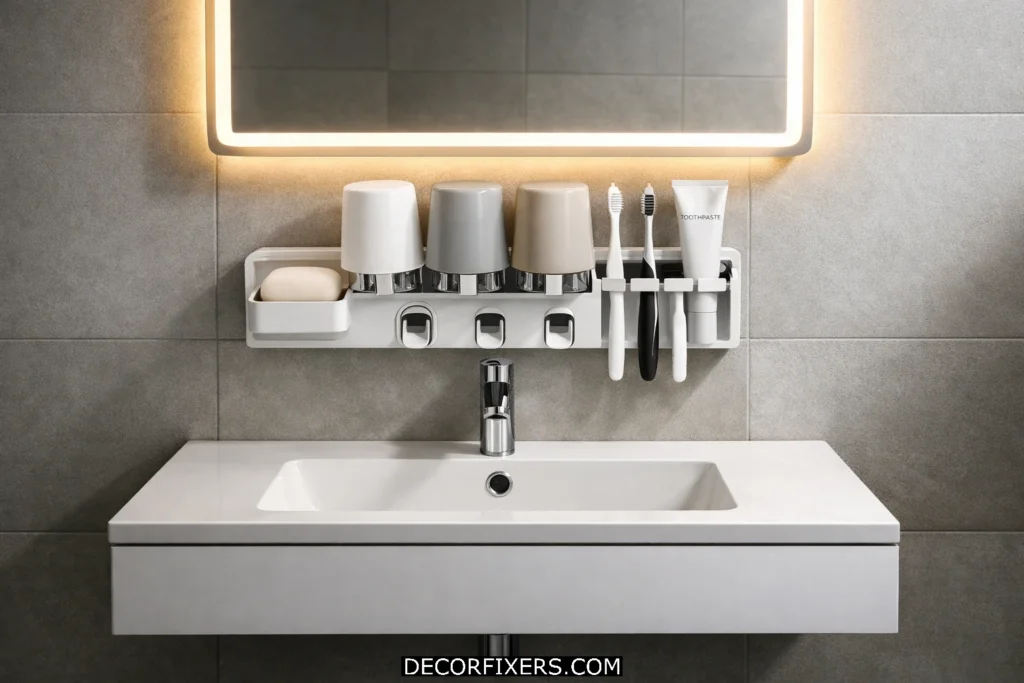 Wall-mounted toothbrush and cup holder above clean floating vanity in organized small bathroom interior