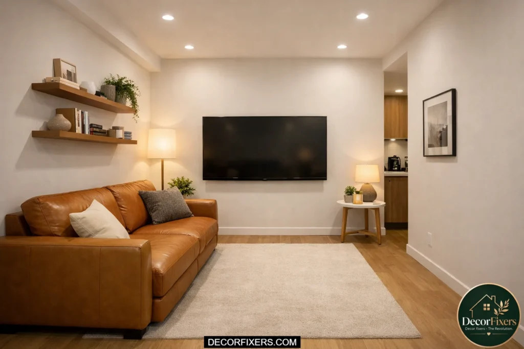 Leather sofa bed facing a wall-mounted TV in a compact modern apartment.