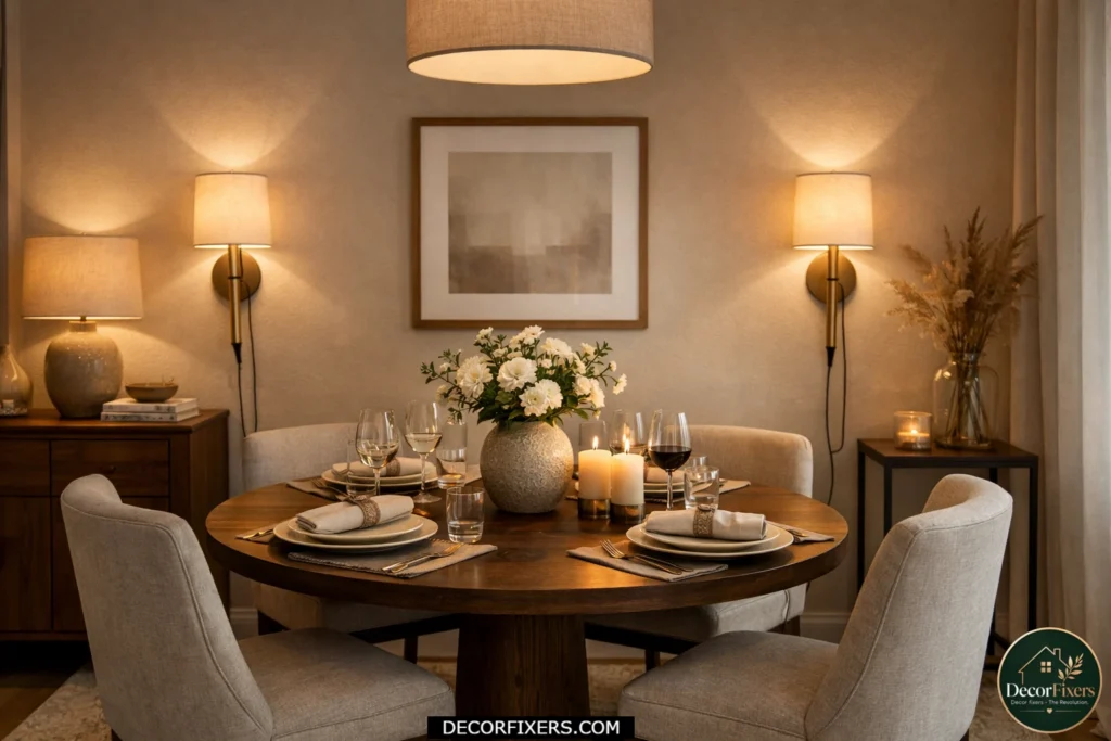 Small dining room illuminated with plug-in wall sconces for soft ambient lighting.