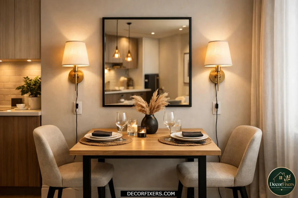 Small dining room using wall sconces for elegant layered lighting without taking up space.