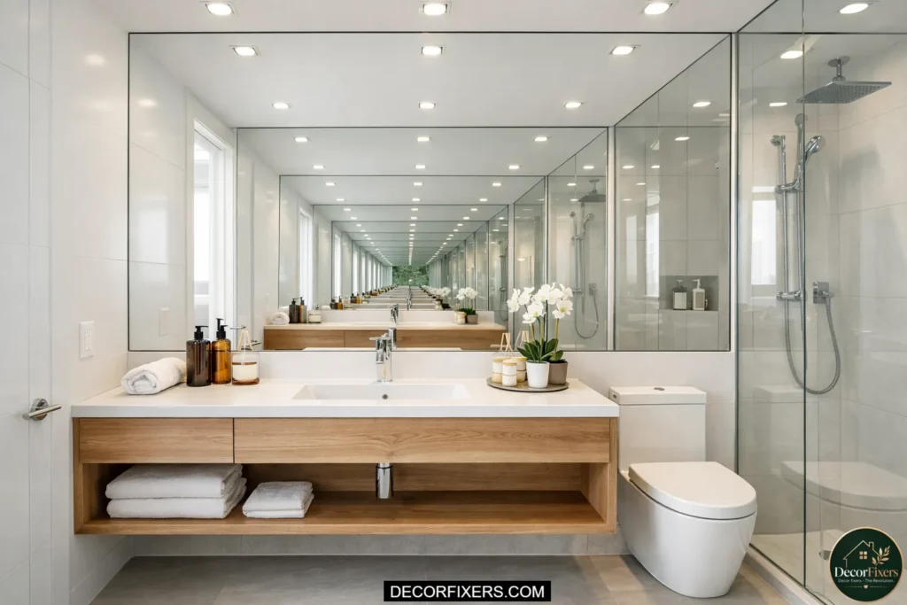 Wall-to-wall bathroom mirror making a tiny bathroom feel spacious