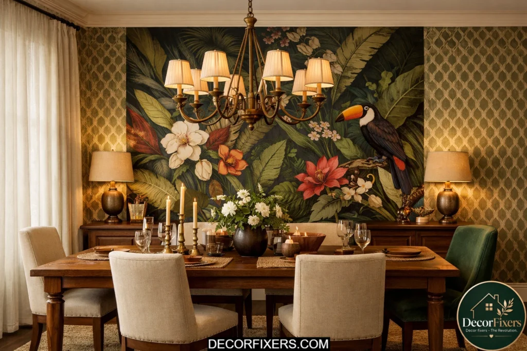Botanical wallpaper accent wall behind dining table in a modern luxury dining room
