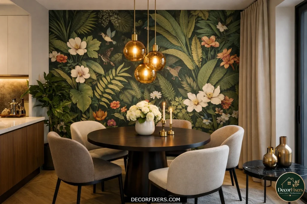 Tiny dining room featuring patterned wallpaper as a luxurious focal wall.