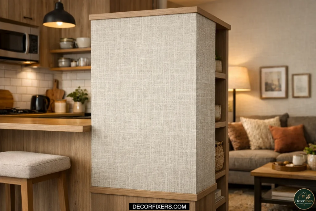 Wallpaper accent defining a compact open-plan kitchen