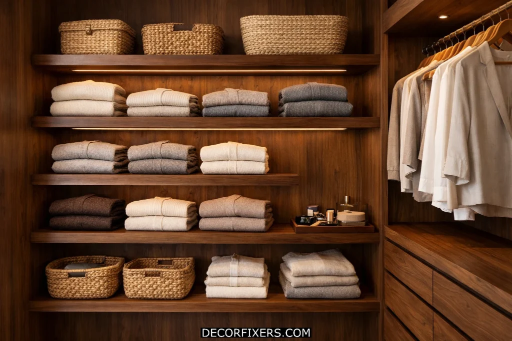 Walnut floating shelves adding warmth and luxury to a small closet.