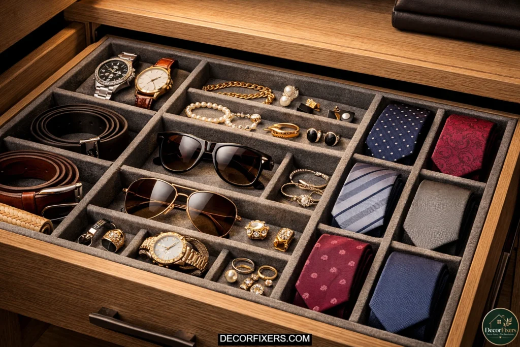 Organized accessories drawer with compartments for jewelry, belts, and watches.