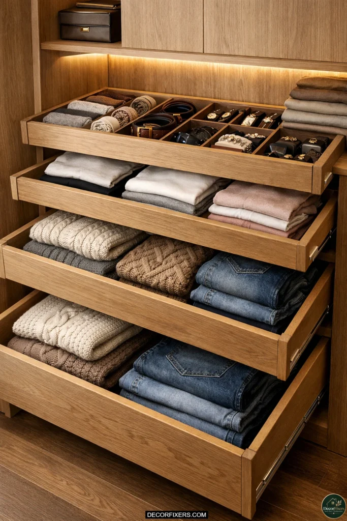 Wardrobe interior with balanced drawer organization for daily clothing storage.