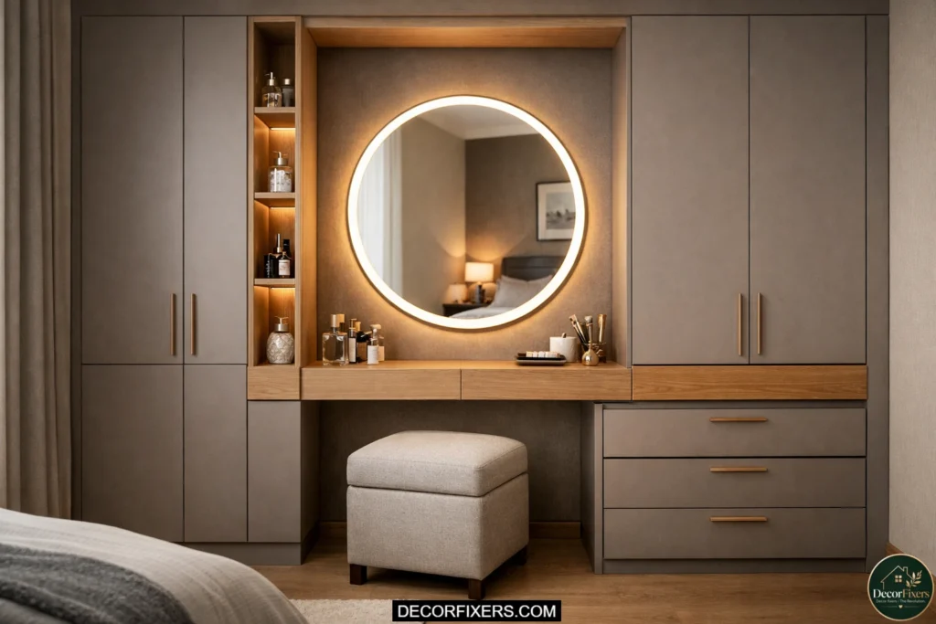 Modular wardrobe integrated with a dressing table and mirror.