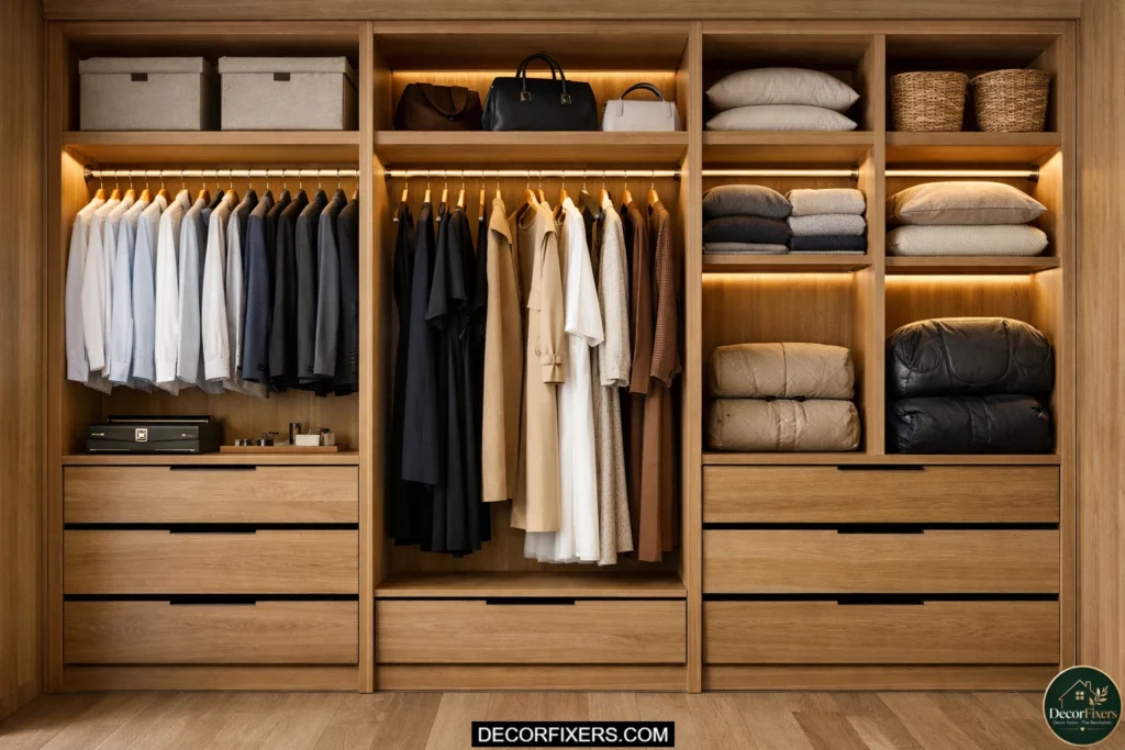 Organized wardrobe interior using the 50-30-20 hanging zone system.
